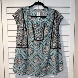 Daniel Rainn Womens XL Blue Geometric Medallion Print Cap Sleeve Blouse Top